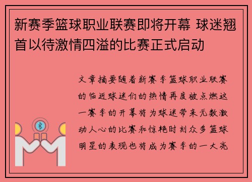 新赛季篮球职业联赛即将开幕 球迷翘首以待激情四溢的比赛正式启动