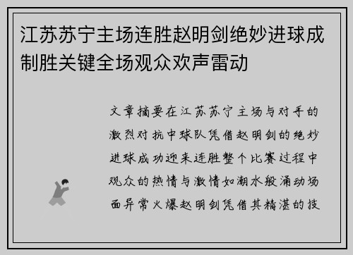 江苏苏宁主场连胜赵明剑绝妙进球成制胜关键全场观众欢声雷动