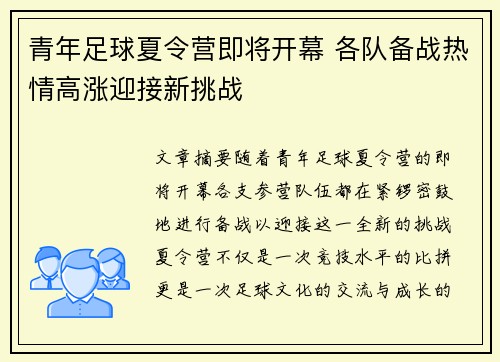 青年足球夏令营即将开幕 各队备战热情高涨迎接新挑战