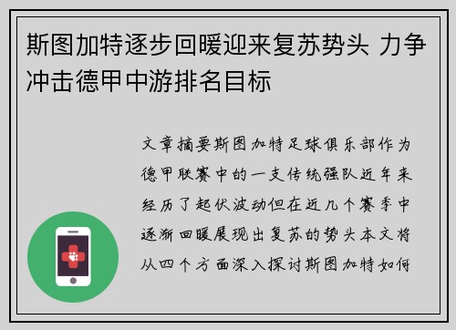 斯图加特逐步回暖迎来复苏势头 力争冲击德甲中游排名目标