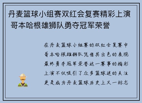 丹麦篮球小组赛双红会复赛精彩上演 哥本哈根雄狮队勇夺冠军荣誉